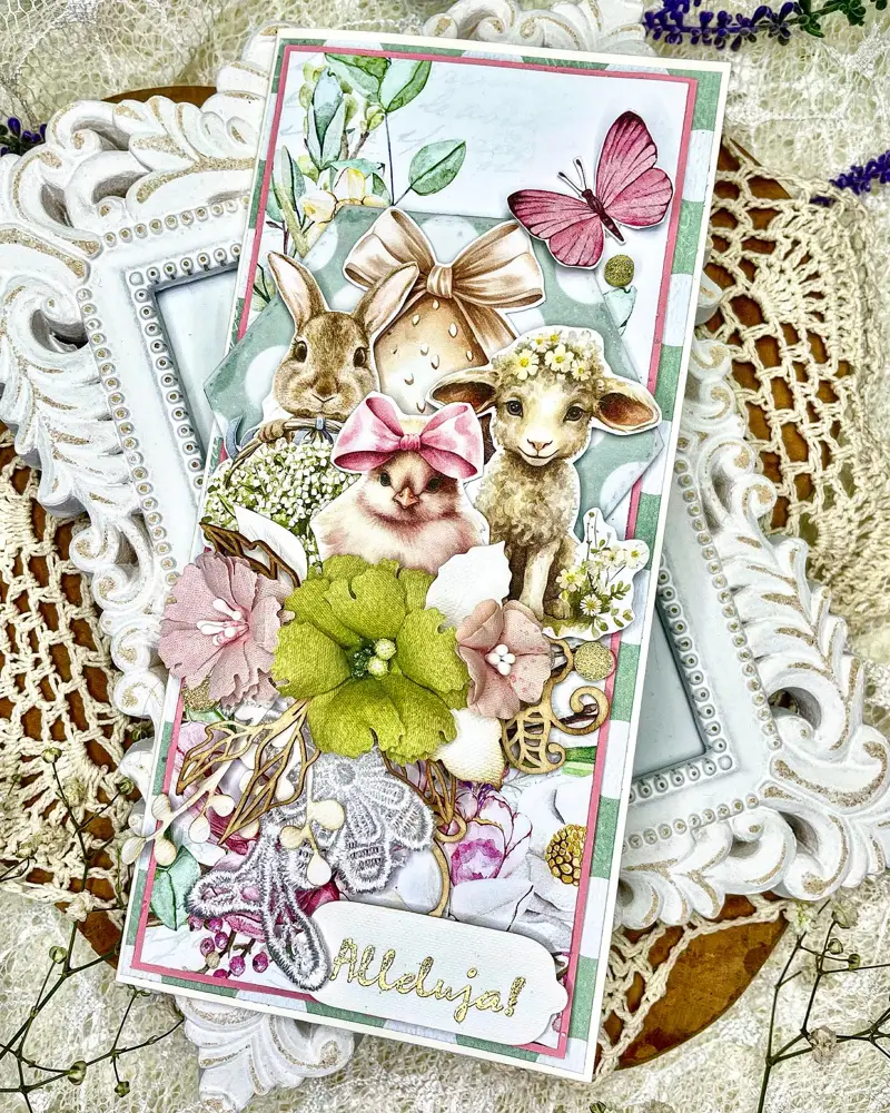 Ręcznie robiona kartka wielkanocna „Magnolia” w tonacji: biel i krem, brąz; wielowarstwowa kompozycja z papierowymi kwiatami i złoconymi detalami