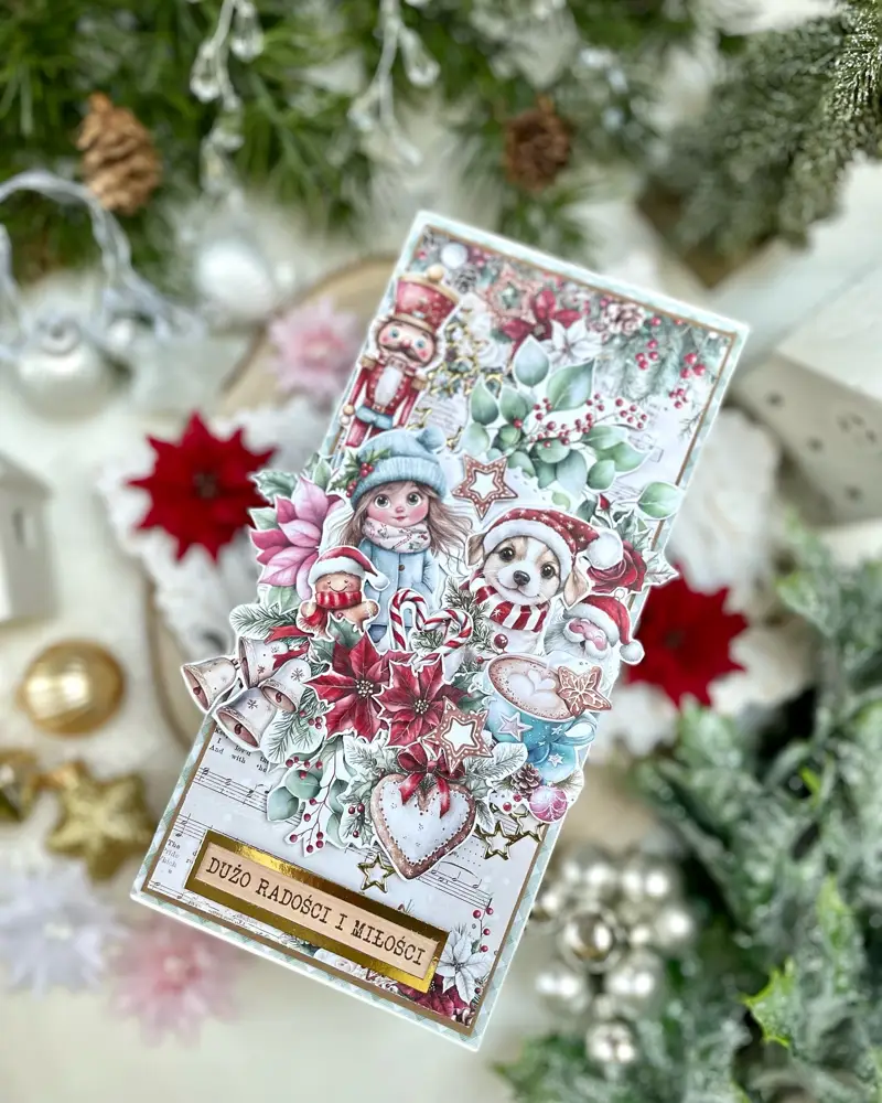 Ręcznie robiona kartka bożonarodzeniowa „Trzej Królowie” w tonacji: róż, brąz, fiolet; wielowarstwowa kompozycja z papierowymi kwiatami i złoconymi detalami