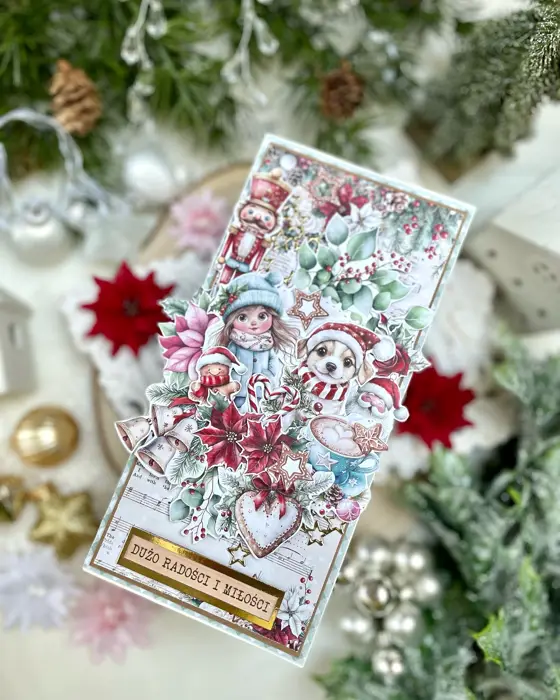 Ręcznie robiona kartka bożonarodzeniowa „Trzej Królowie” w tonacji: róż, brąz, fiolet; wielowarstwowa kompozycja z papierowymi kwiatami i złoconymi detalami