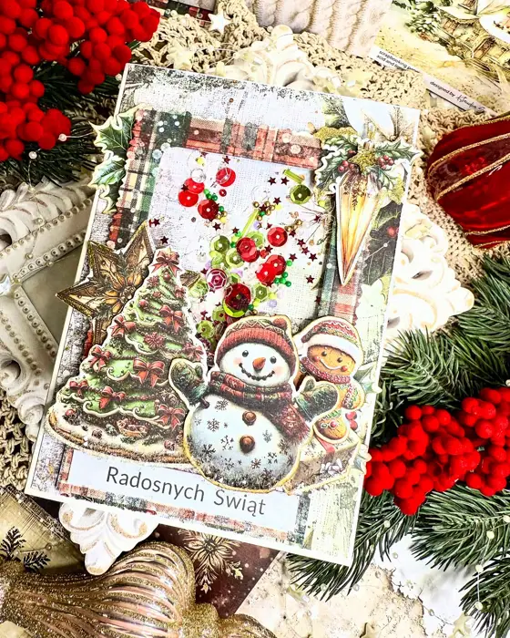 Ręcznie robiona kartka bożonarodzeniowa „Grudniowy Zmierzch” w tonacji: brąz, biel i krem; wielowarstwowa kompozycja z papierowymi kwiatami i złoconymi detalami